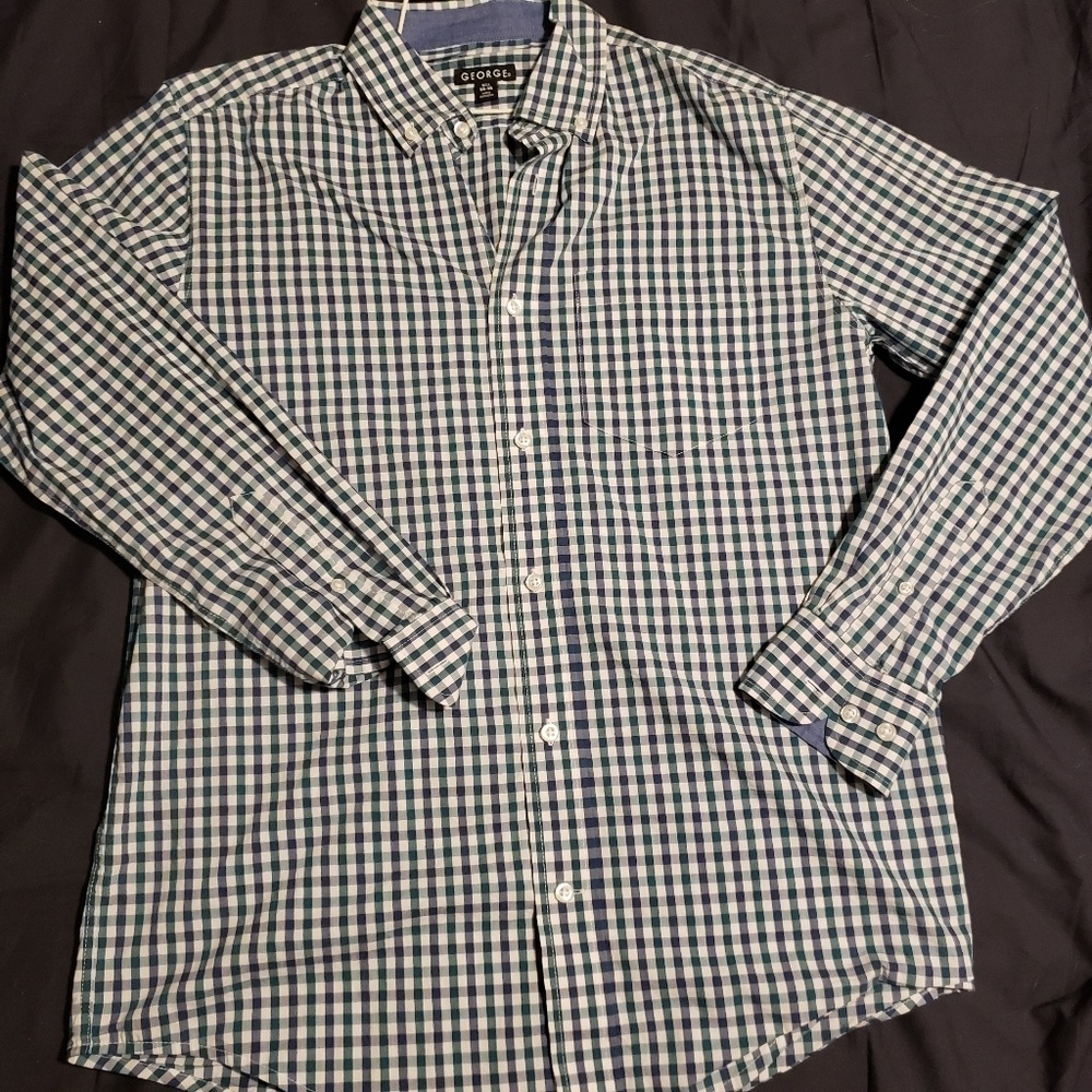 White button up with hunter green and navy plaid